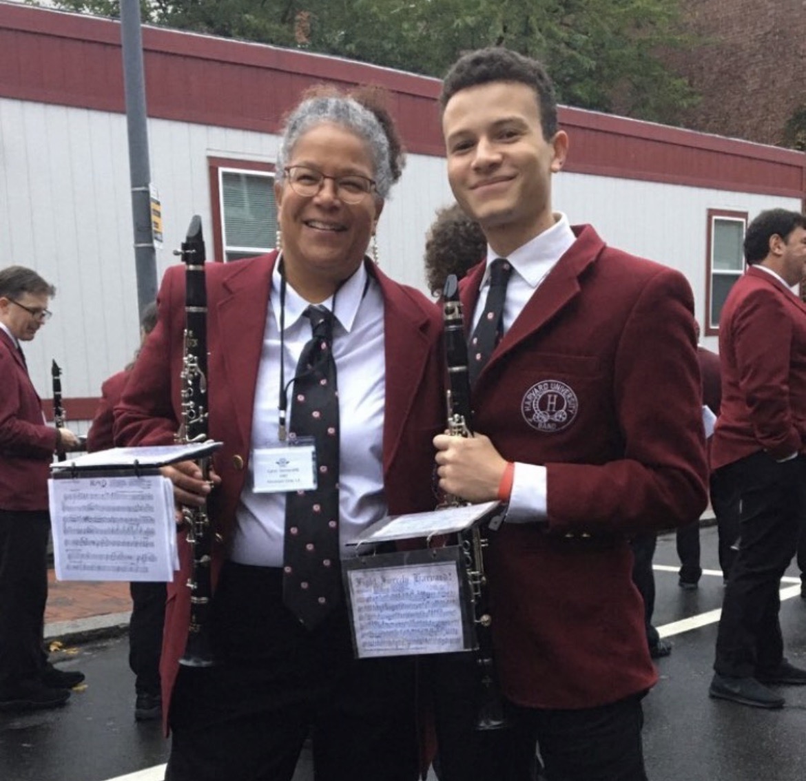 Dr. Somersille playing with her son in the Harvard band.